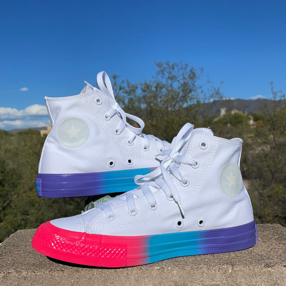 New White, Neon Pink & Turquoise Converse Hi Top Sneakers